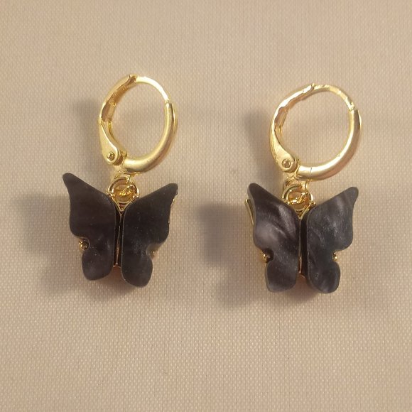 Gold Plated Black Opal Resin Butterfly Earrings Pendant Necklace Set 18" Gift - Picture 3 of 4